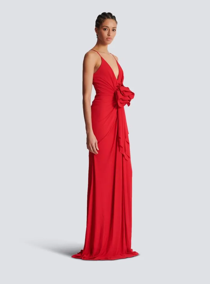 Balmain Dresses Women Long Pleated Dress With Flower Detail Red