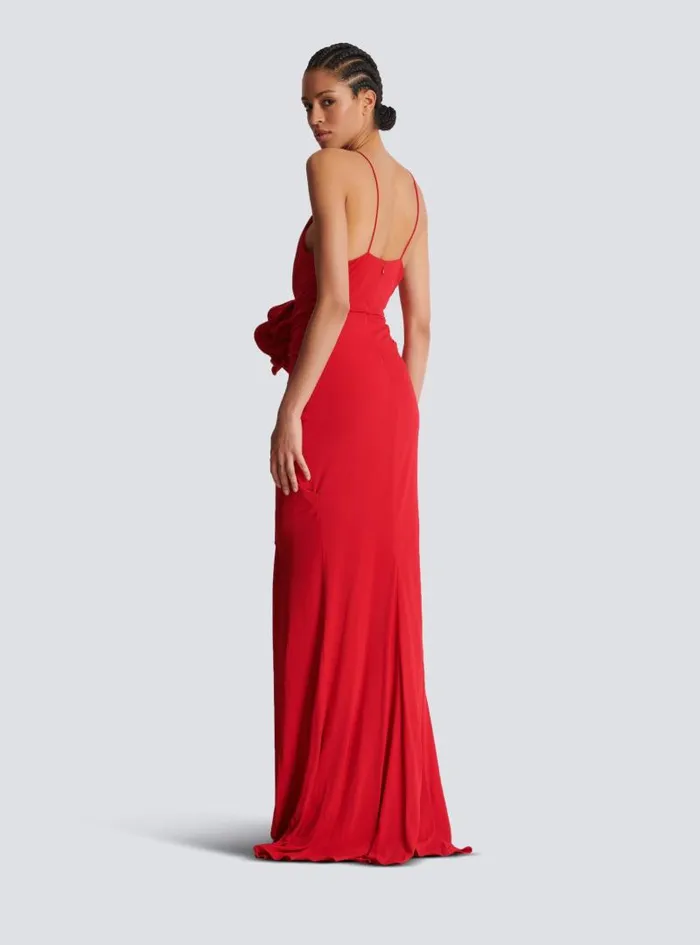 Balmain Dresses Women Long Pleated Dress With Flower Detail Red