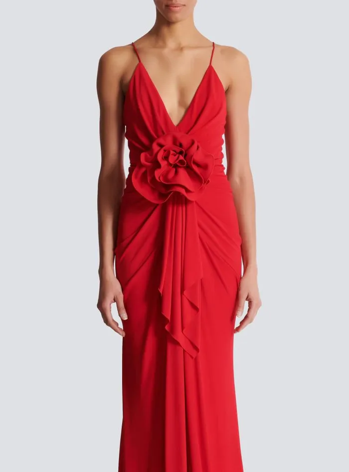 Balmain Dresses Women Long Pleated Dress With Flower Detail Red
