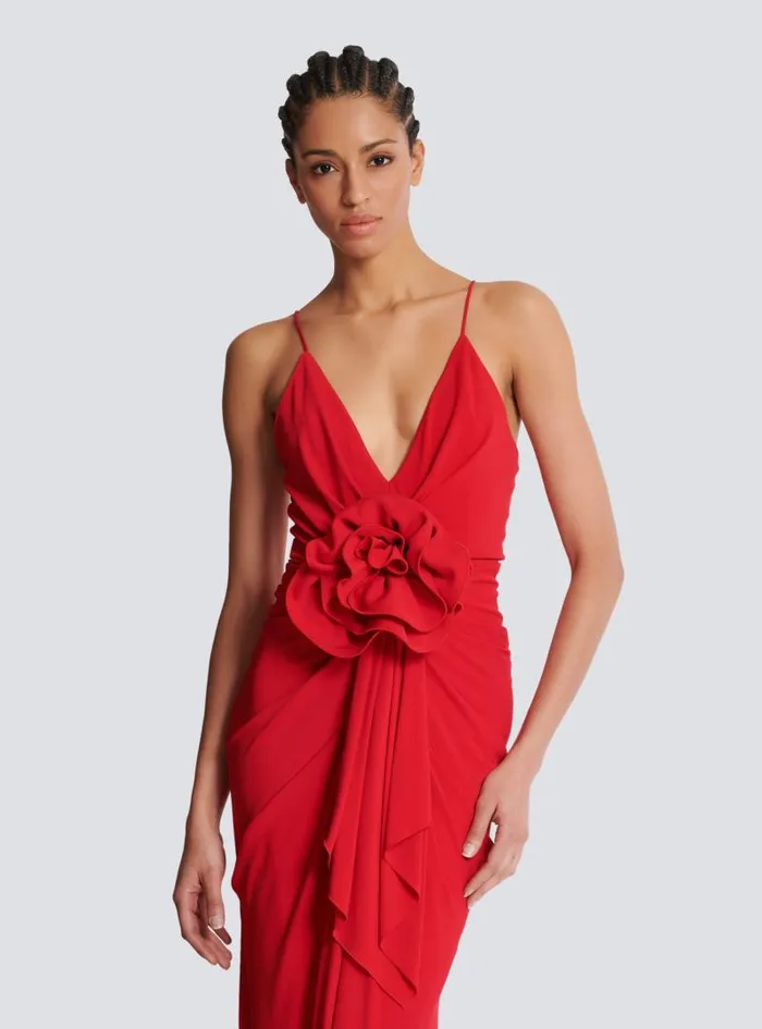 Balmain Dresses Women Long Pleated Dress With Flower Detail Red