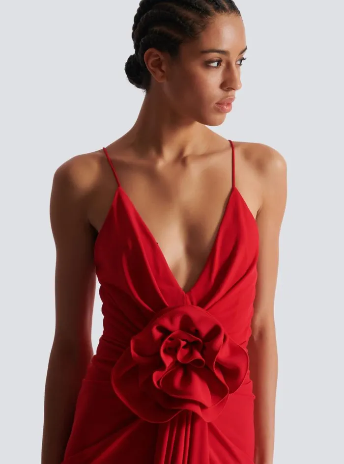 Balmain Dresses Women Long Pleated Dress With Flower Detail Red