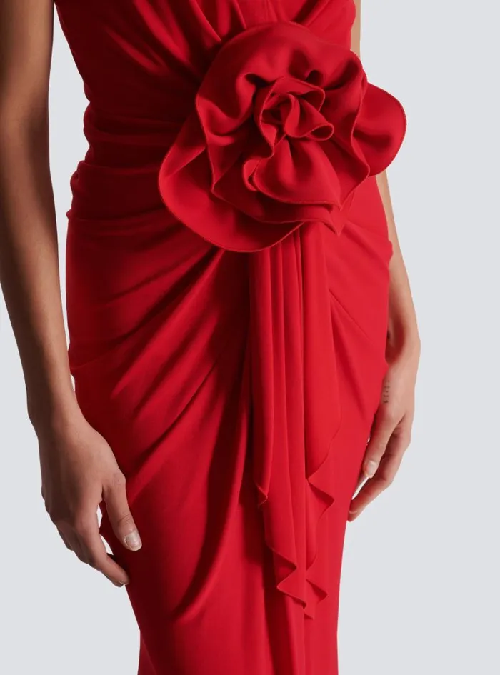 Balmain Dresses Women Long Pleated Dress With Flower Detail Red