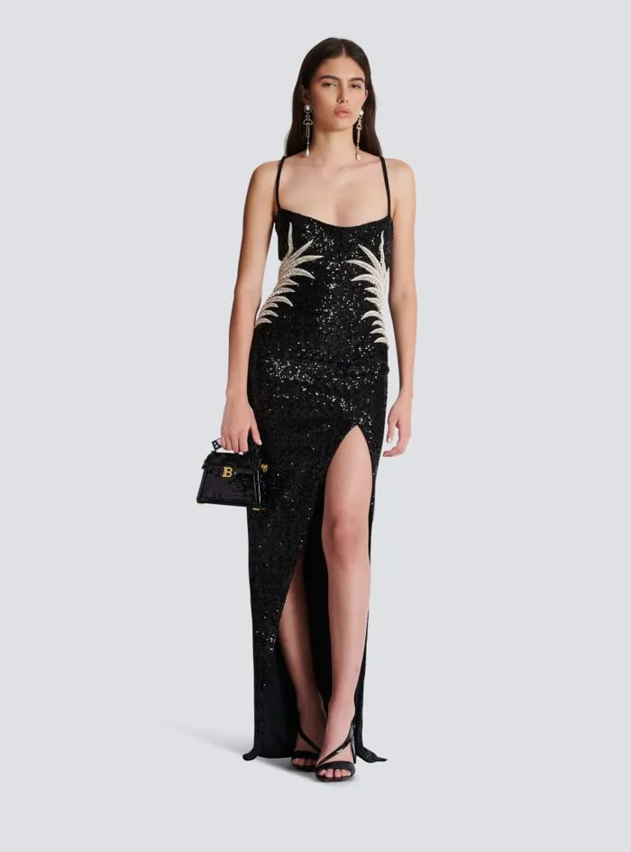 Balmain Dresses Women Long Sequin Palm Tree Dress Black