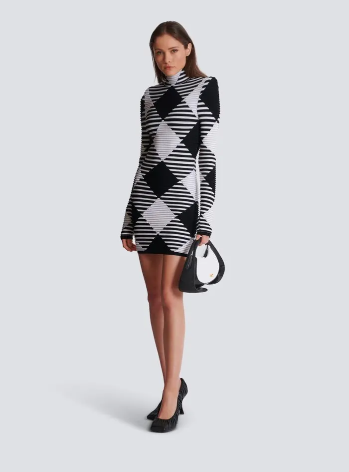 Balmain Dresses Women Short Dress In Rolled Gingham Knit Black
