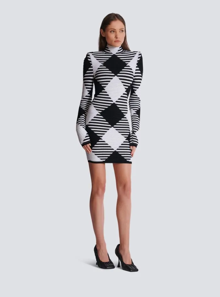 Balmain Dresses Women Short Dress In Rolled Gingham Knit Black