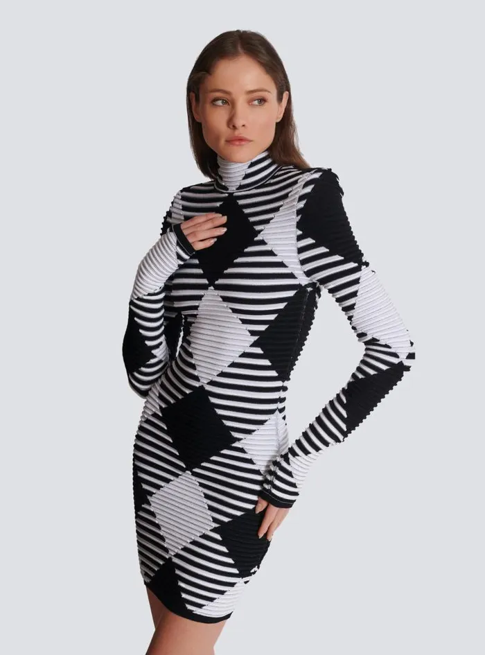 Balmain Dresses Women Short Dress In Rolled Gingham Knit Black