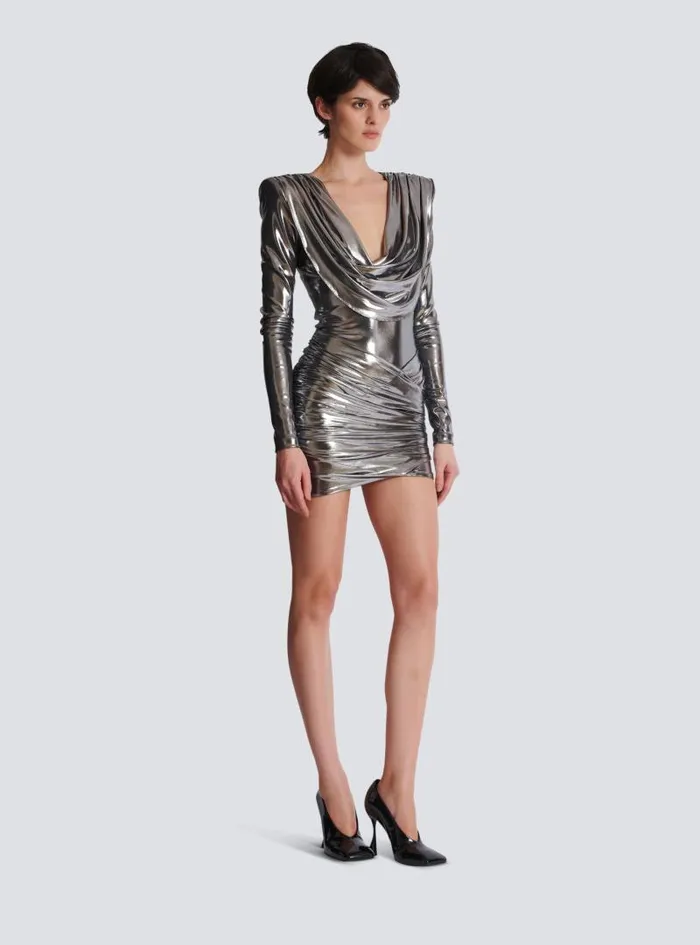 Balmain Dresses Women Short Metallic Draped Dress Silver