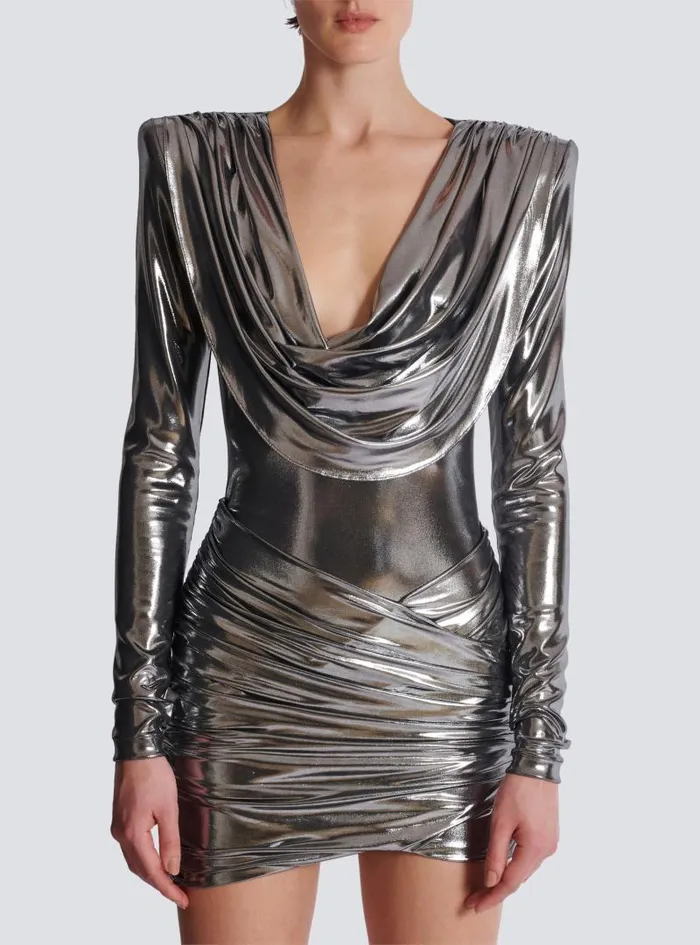 Balmain Dresses Women Short Metallic Draped Dress Silver