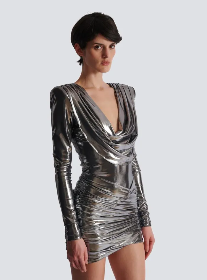 Balmain Dresses Women Short Metallic Draped Dress Silver