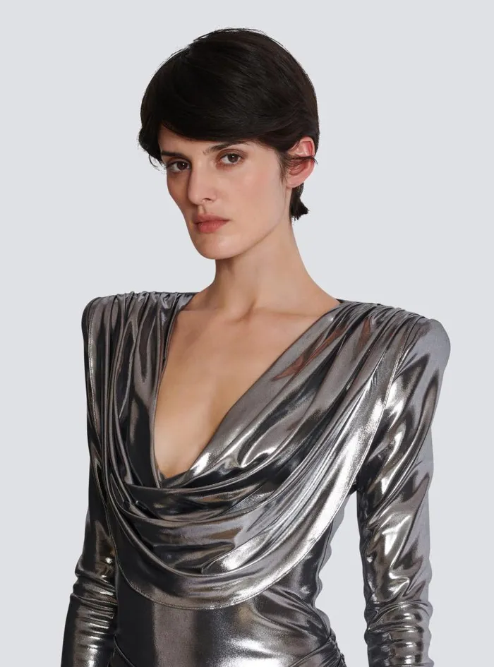 Balmain Dresses Women Short Metallic Draped Dress Silver