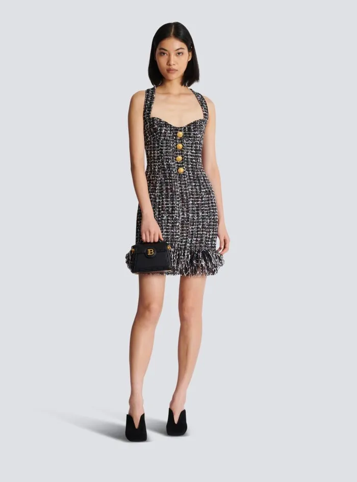 Balmain Dresses Women Short Tweed Dress With Buttons Black