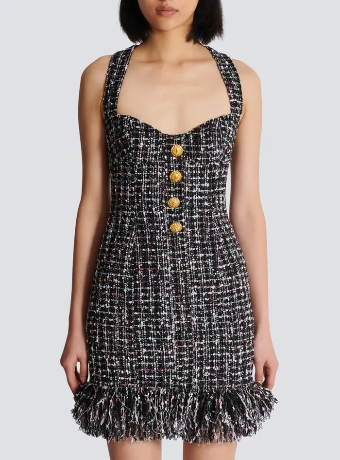 Balmain Dresses Women Short Tweed Dress With Buttons Black