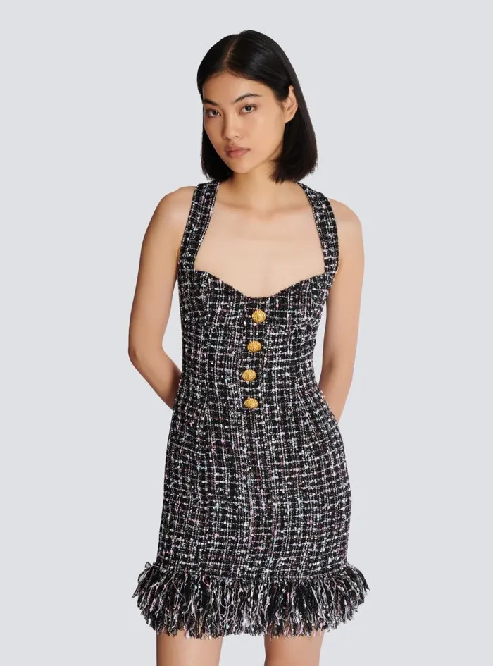 Balmain Dresses Women Short Tweed Dress With Buttons Black