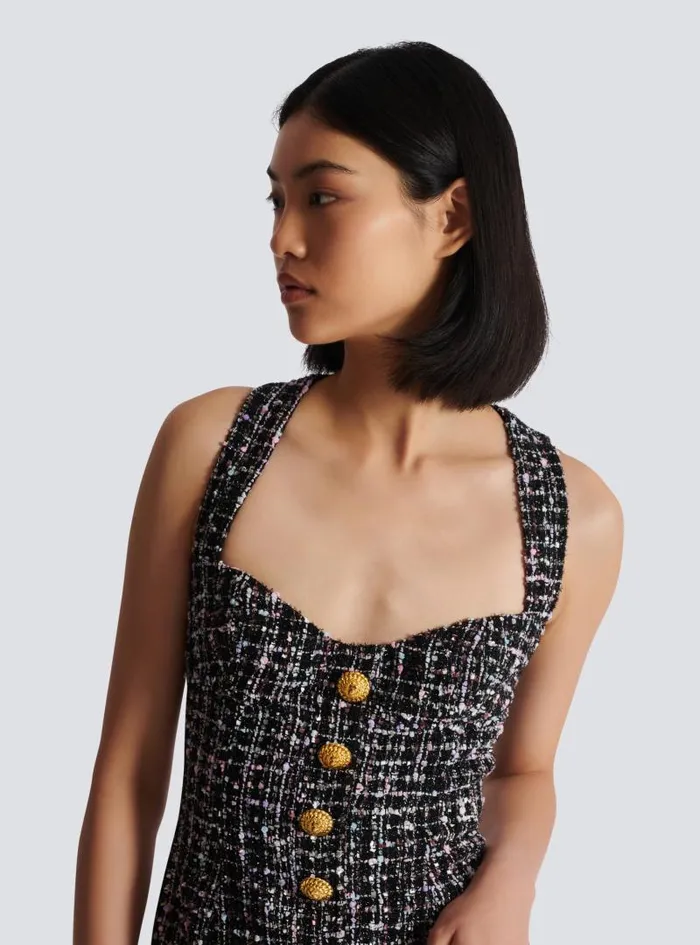Balmain Dresses Women Short Tweed Dress With Buttons Black
