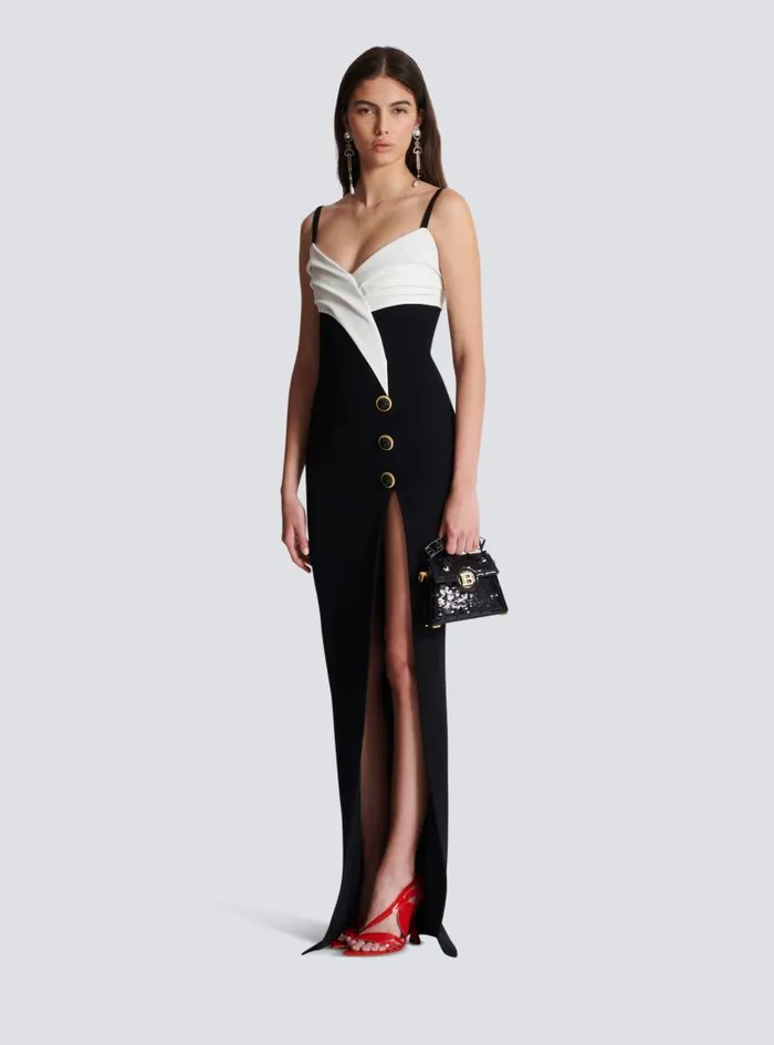 Balmain Dresses Women Twotone Long Crepe Dress With Leg Slit Black