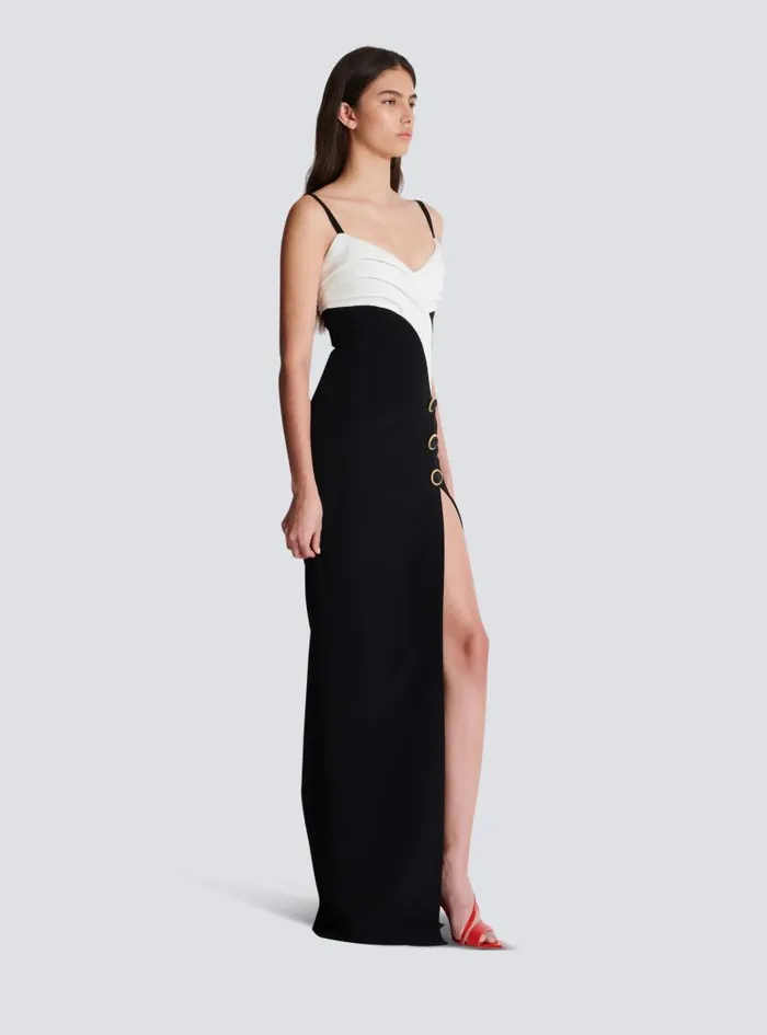 Balmain Dresses Women Twotone Long Crepe Dress With Leg Slit Black