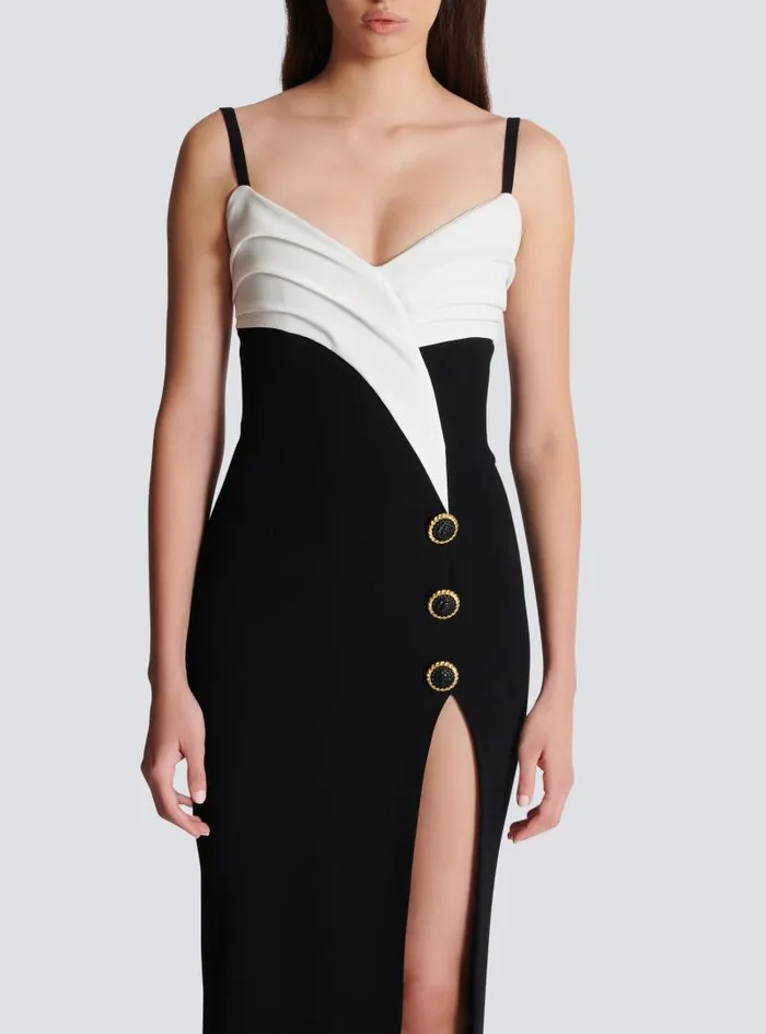 Balmain Dresses Women Twotone Long Crepe Dress With Leg Slit Black