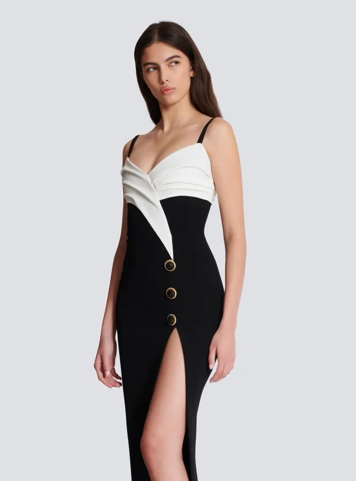 Balmain Dresses Women Twotone Long Crepe Dress With Leg Slit Black