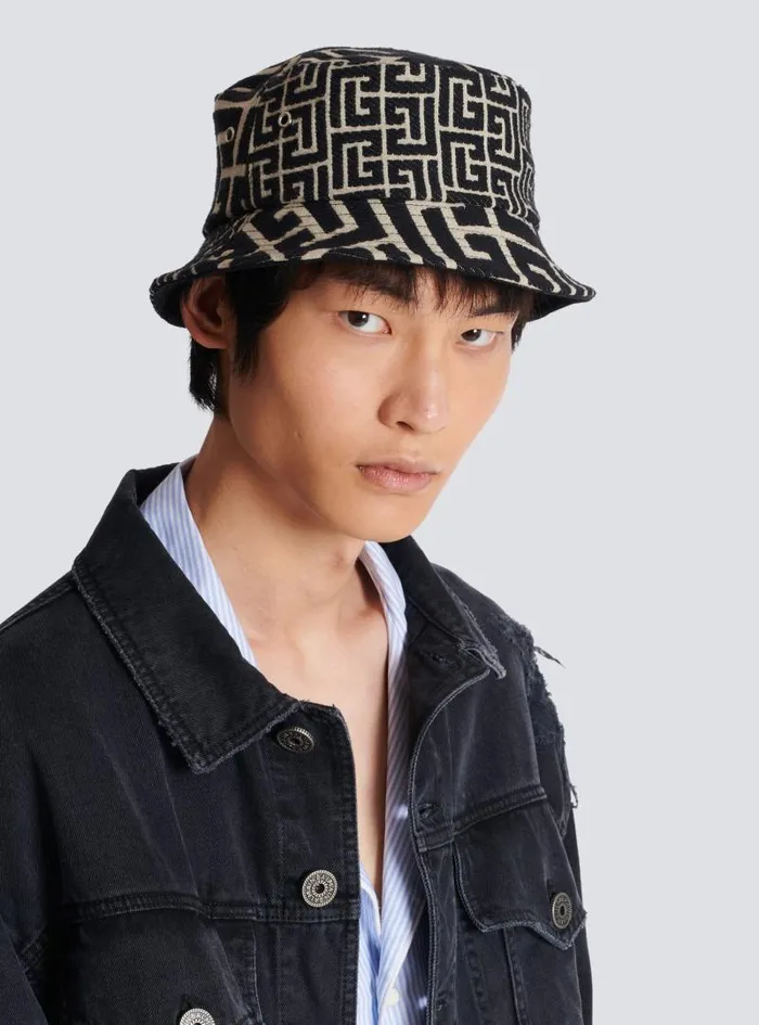 Balmain Hats And Caps Men Cotton Canvas Bucket Hat With Paris Logo Black