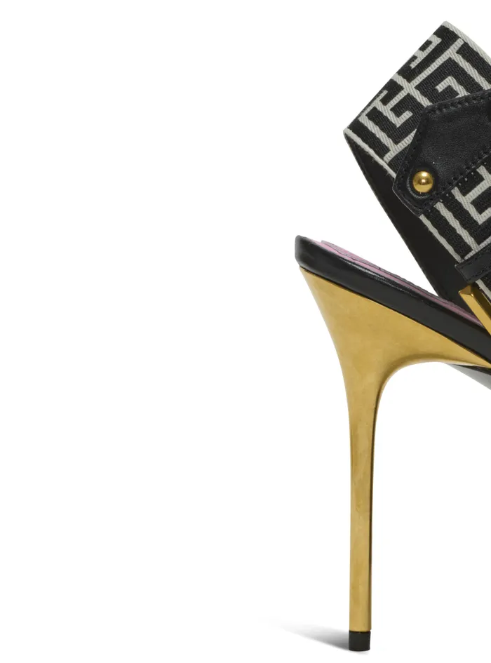 Balmain High Heels and Pumps Women Ruby Sandals In Calfskin And PB Labyrinth Canvas Black