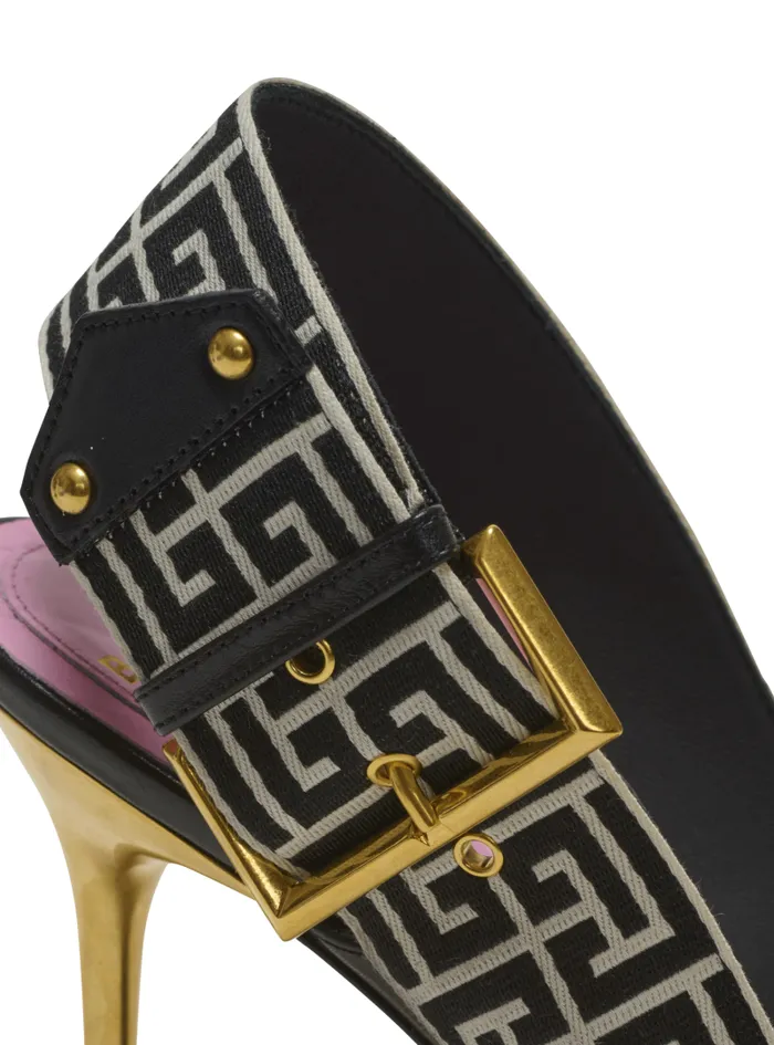 Balmain High Heels and Pumps Women Ruby Sandals In Calfskin And PB Labyrinth Canvas Black