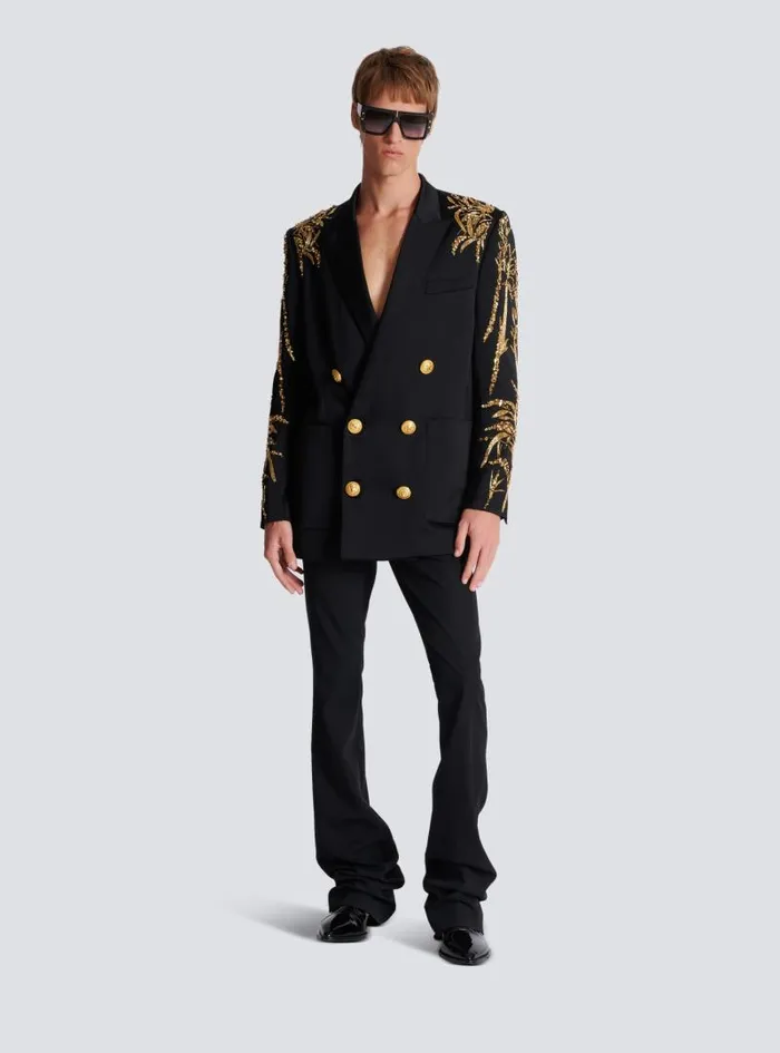 Balmain Jackets And Blazers Men Blazer With Embroidered Bamboo Sleeves Black
