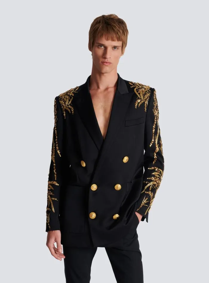 Balmain Jackets And Blazers Men Blazer With Embroidered Bamboo Sleeves Black