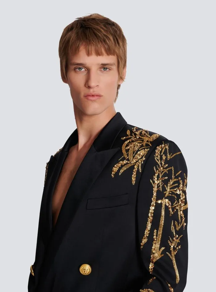 Balmain Jackets And Blazers Men Blazer With Embroidered Bamboo Sleeves Black