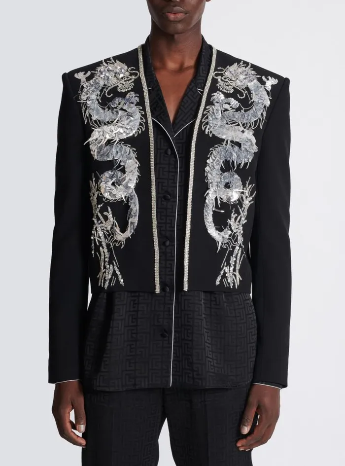 Balmain Jackets And Blazers Men Dragon Embroidered Spencer Jacket Black