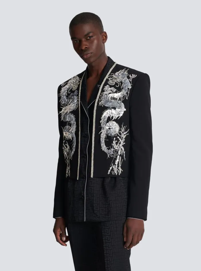 Balmain Jackets And Blazers Men Dragon Embroidered Spencer Jacket Black
