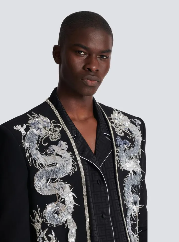 Balmain Jackets And Blazers Men Dragon Embroidered Spencer Jacket Black
