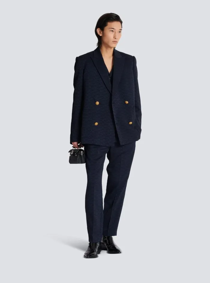 Balmain Jackets And Blazers Men PB Labyrinth Satin Jacquard Blazer Navy