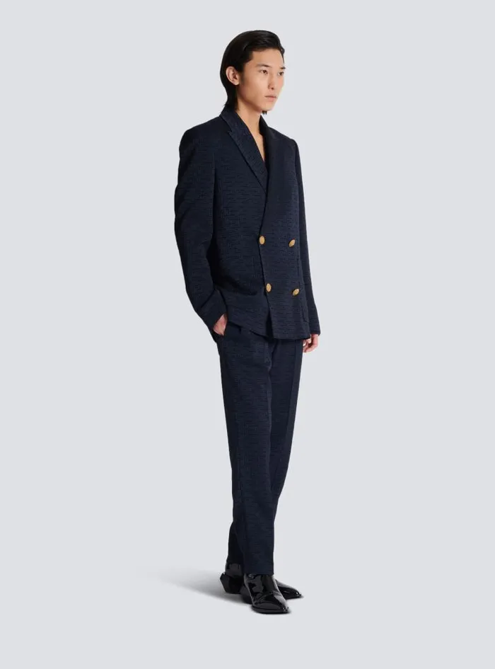 Balmain Jackets And Blazers Men PB Labyrinth Satin Jacquard Blazer Navy