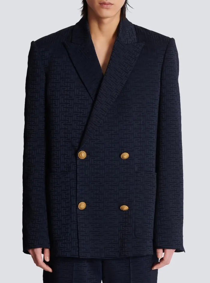 Balmain Jackets And Blazers Men PB Labyrinth Satin Jacquard Blazer Navy