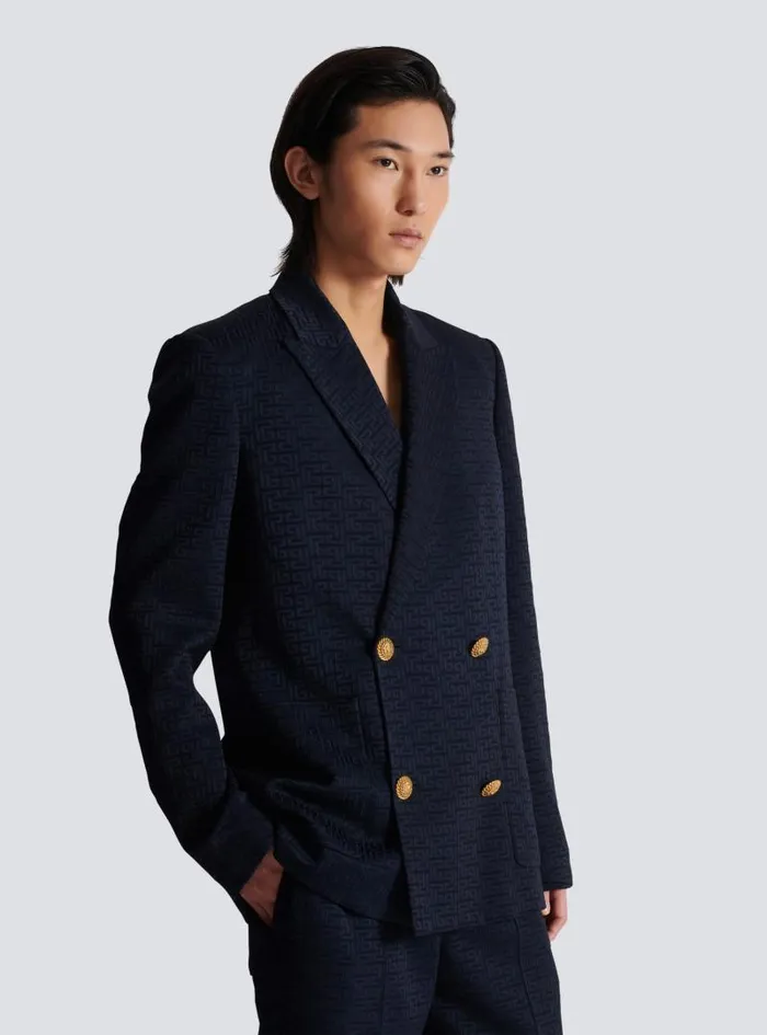 Balmain Jackets And Blazers Men PB Labyrinth Satin Jacquard Blazer Navy