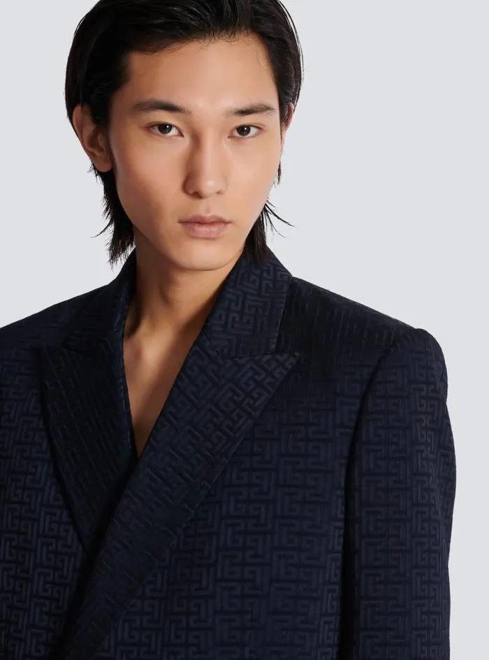 Balmain Jackets And Blazers Men PB Labyrinth Satin Jacquard Blazer Navy