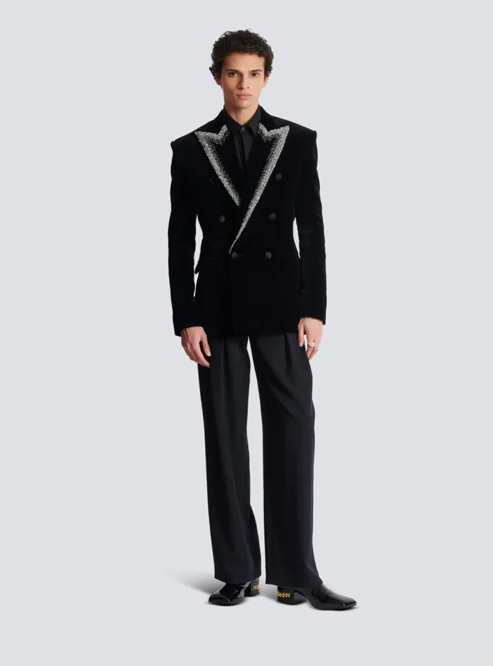 Balmain Jackets And Blazers Men Velvet Jacket With Embroidered Collar Black