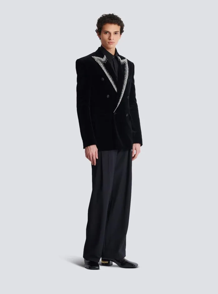 Balmain Jackets And Blazers Men Velvet Jacket With Embroidered Collar Black