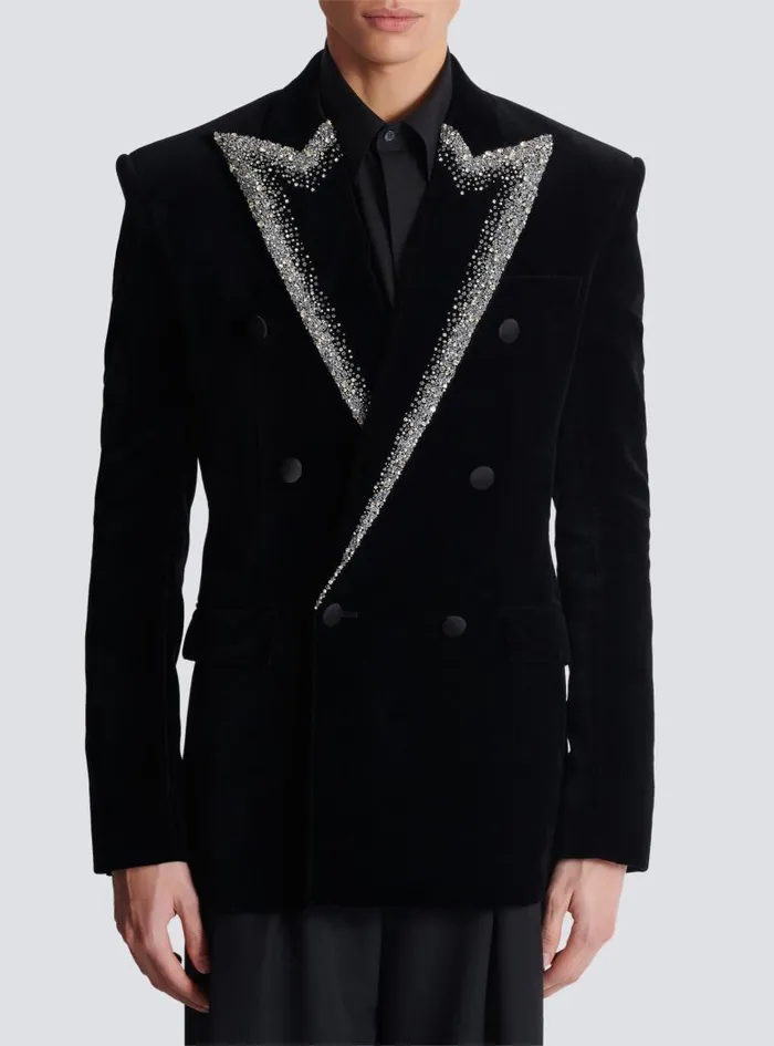 Balmain Jackets And Blazers Men Velvet Jacket With Embroidered Collar Black