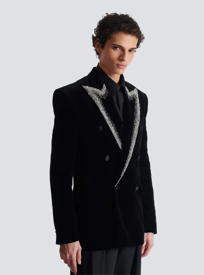 Balmain Jackets And Blazers Men Velvet Jacket With Embroidered Collar Black
