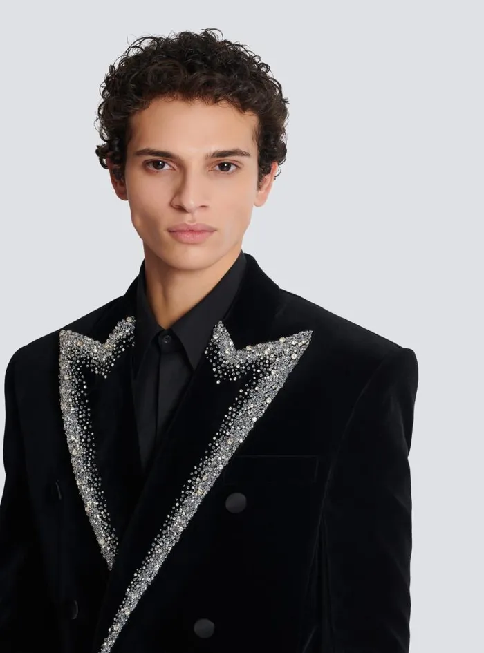 Balmain Jackets And Blazers Men Velvet Jacket With Embroidered Collar Black