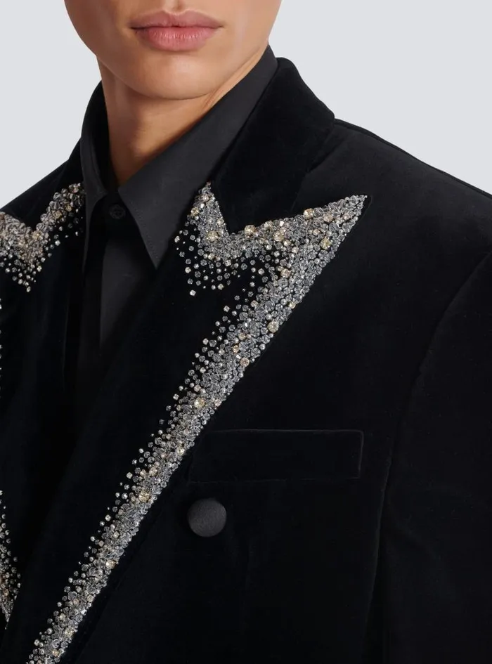 Balmain Jackets And Blazers Men Velvet Jacket With Embroidered Collar Black