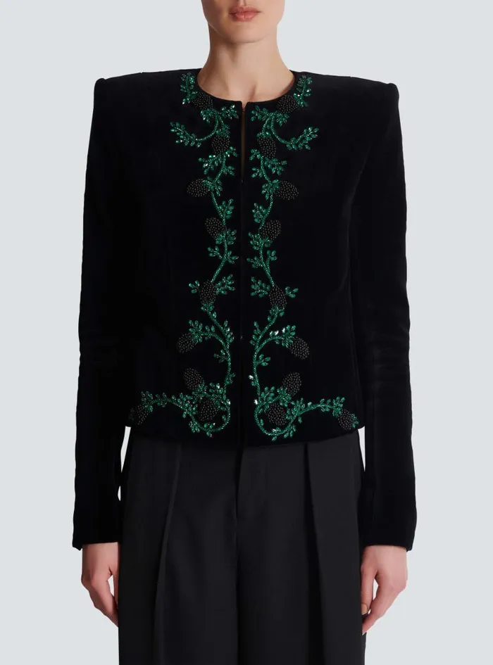 Balmain Jackets And Blazers Women Blackberry Embroidered Velvet Jacket Black