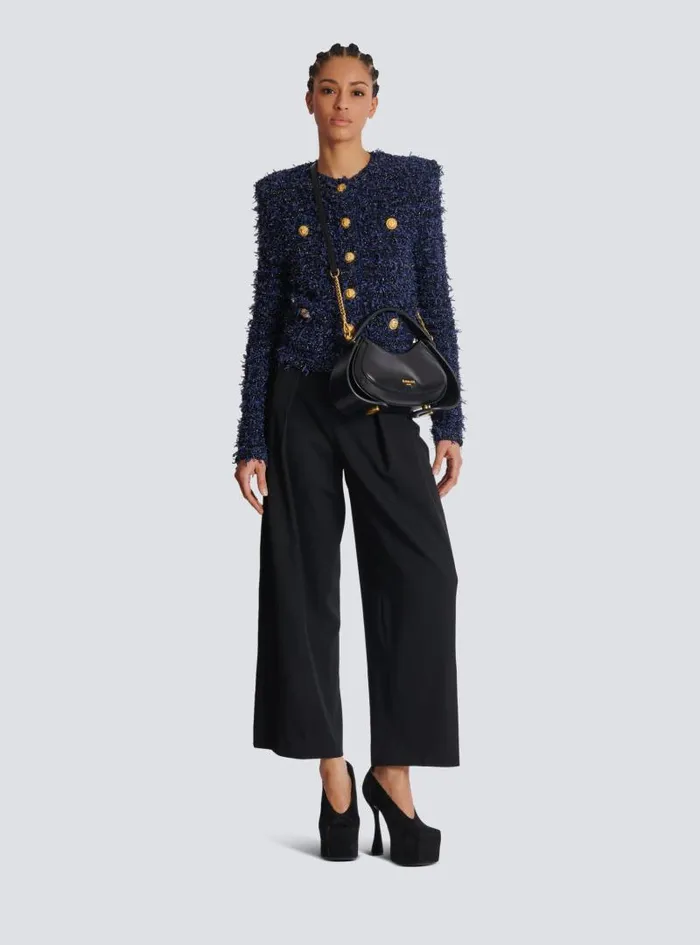 Balmain Jackets And Blazers Women Cropped Tweed Knit Jacket Navy