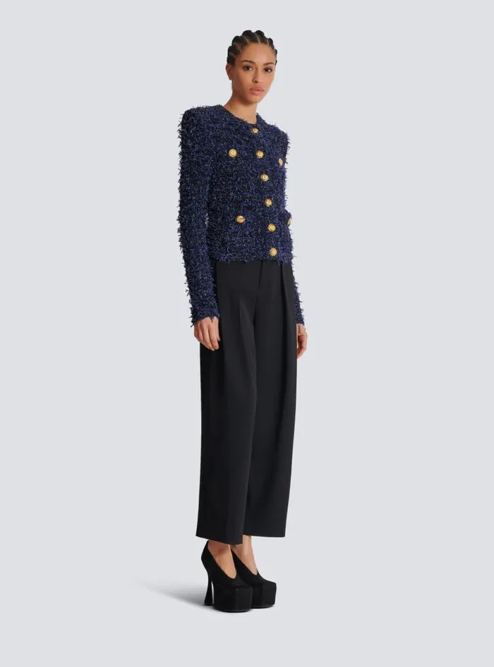 Balmain Jackets And Blazers Women Cropped Tweed Knit Jacket Navy