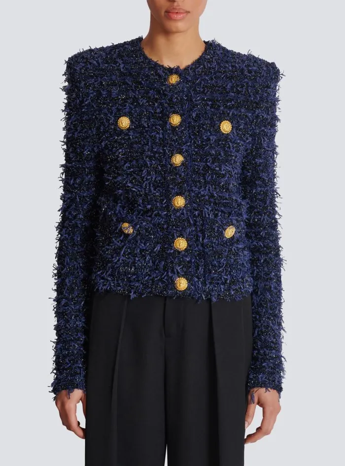 Balmain Jackets And Blazers Women Cropped Tweed Knit Jacket Navy