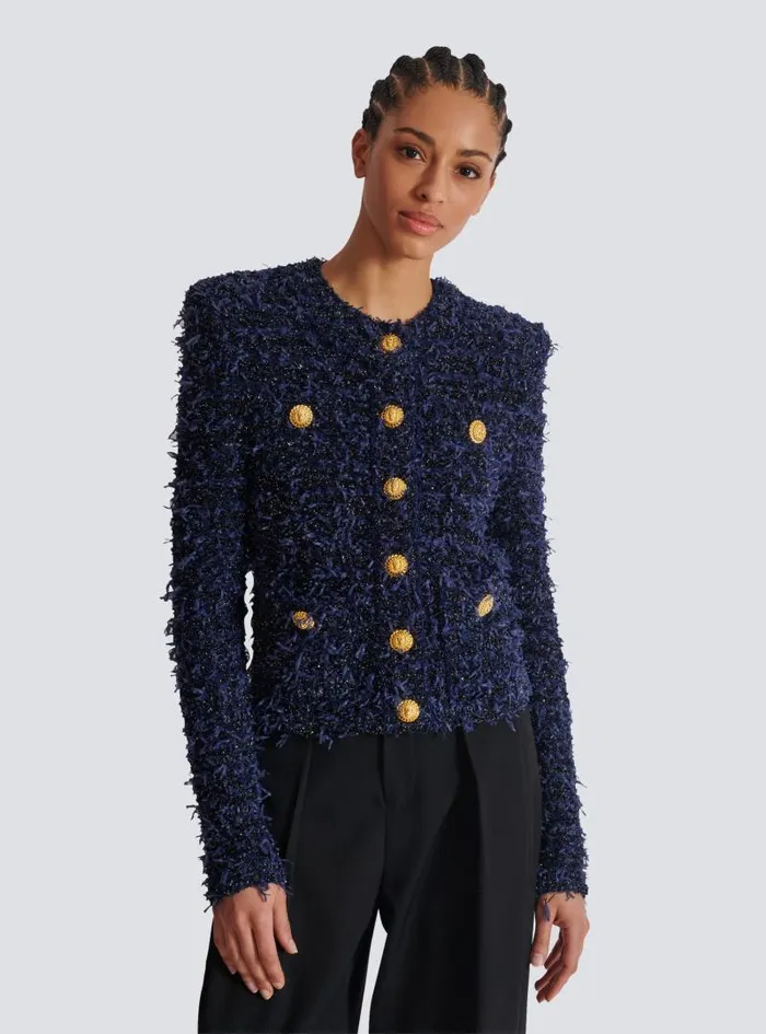 Balmain Jackets And Blazers Women Cropped Tweed Knit Jacket Navy