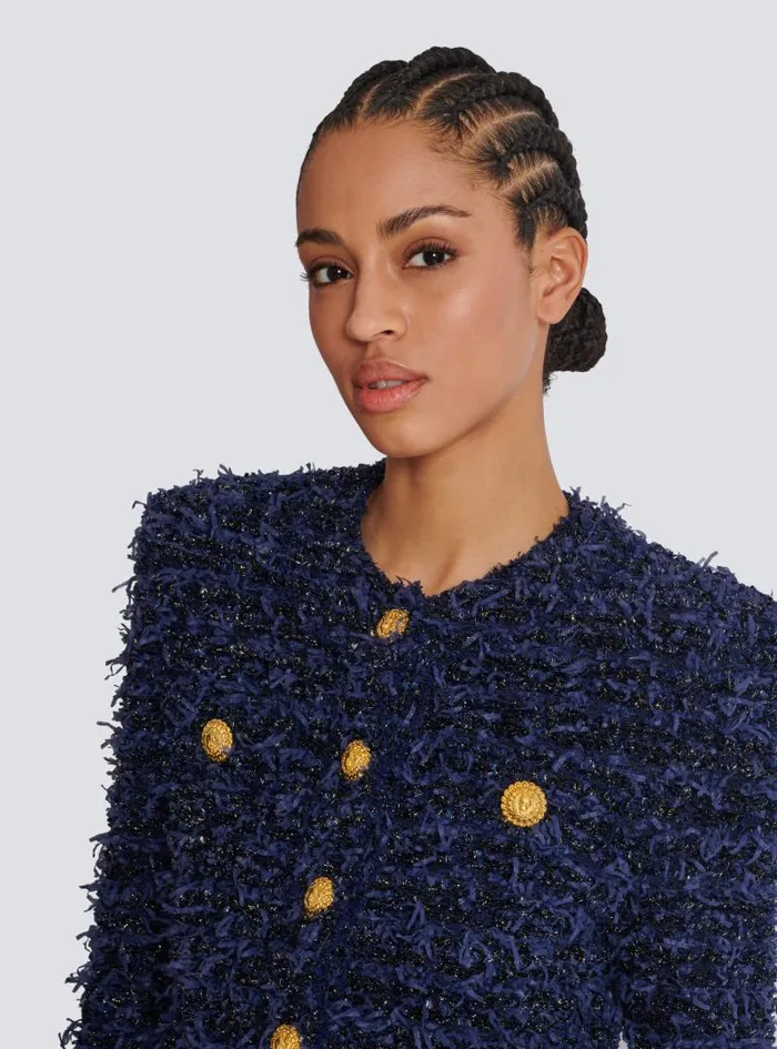 Balmain Jackets And Blazers Women Cropped Tweed Knit Jacket Navy
