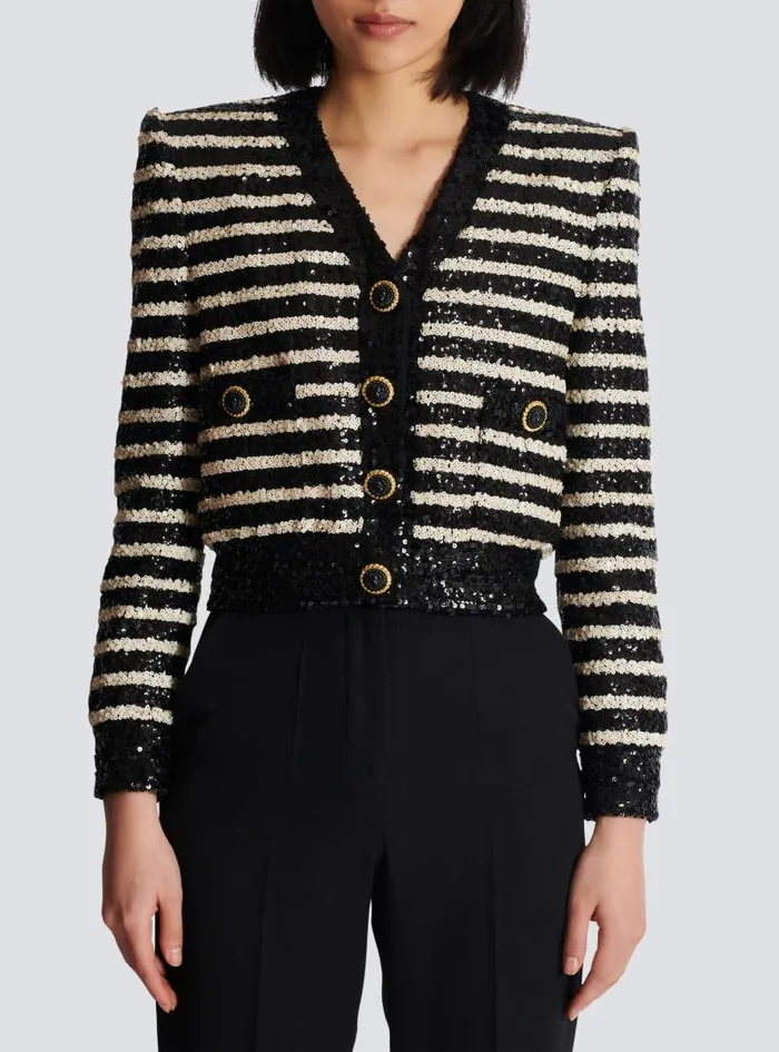 Balmain Jackets And Blazers Women Short Striped Sequin Jacket With 2 Pockets Black