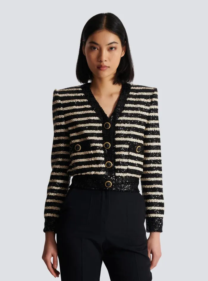 Balmain Jackets And Blazers Women Short Striped Sequin Jacket With 2 Pockets Black
